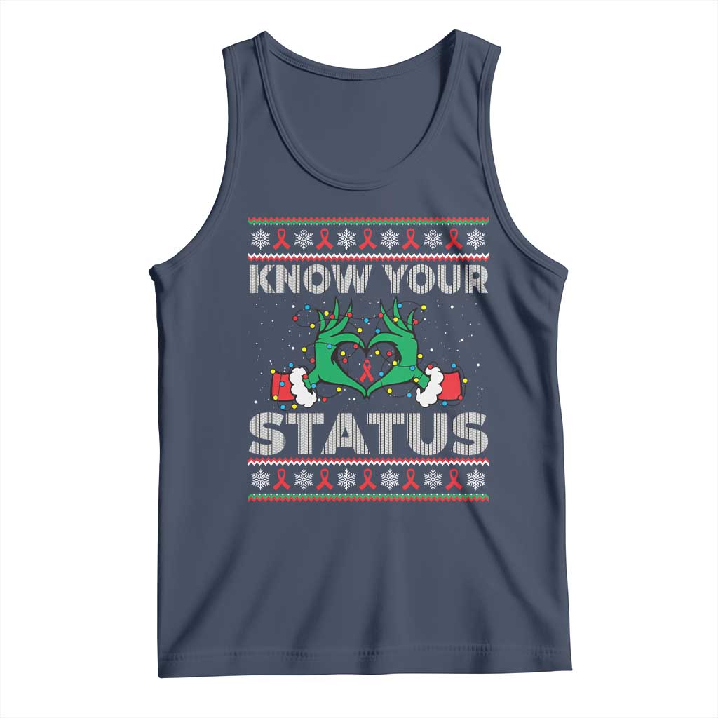 Know Your Status HIV Awareness Gift Tank Top Ugly Sweater Green Hand Red Ribbon TS12 Navy Print Your Wear