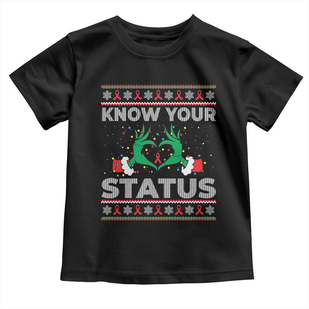Know Your Status HIV Awareness Gift Toddler T Shirt Ugly Sweater Green Hand Red Ribbon TS12 Black Print Your Wear