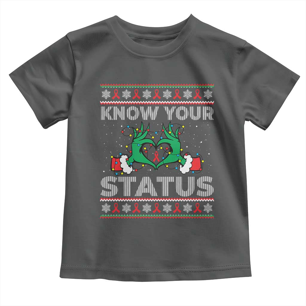 Know Your Status HIV Awareness Gift Toddler T Shirt Ugly Sweater Green Hand Red Ribbon TS12 Dark Heather Print Your Wear
