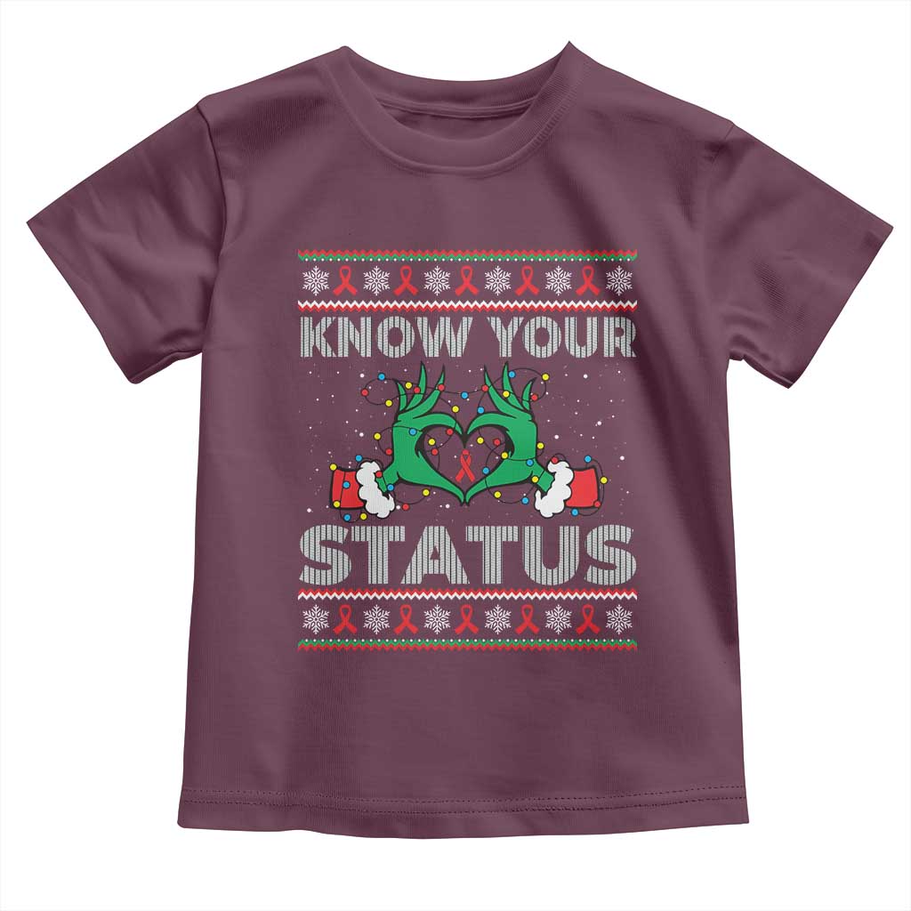 Know Your Status HIV Awareness Gift Toddler T Shirt Ugly Sweater Green Hand Red Ribbon TS12 Maroon Print Your Wear