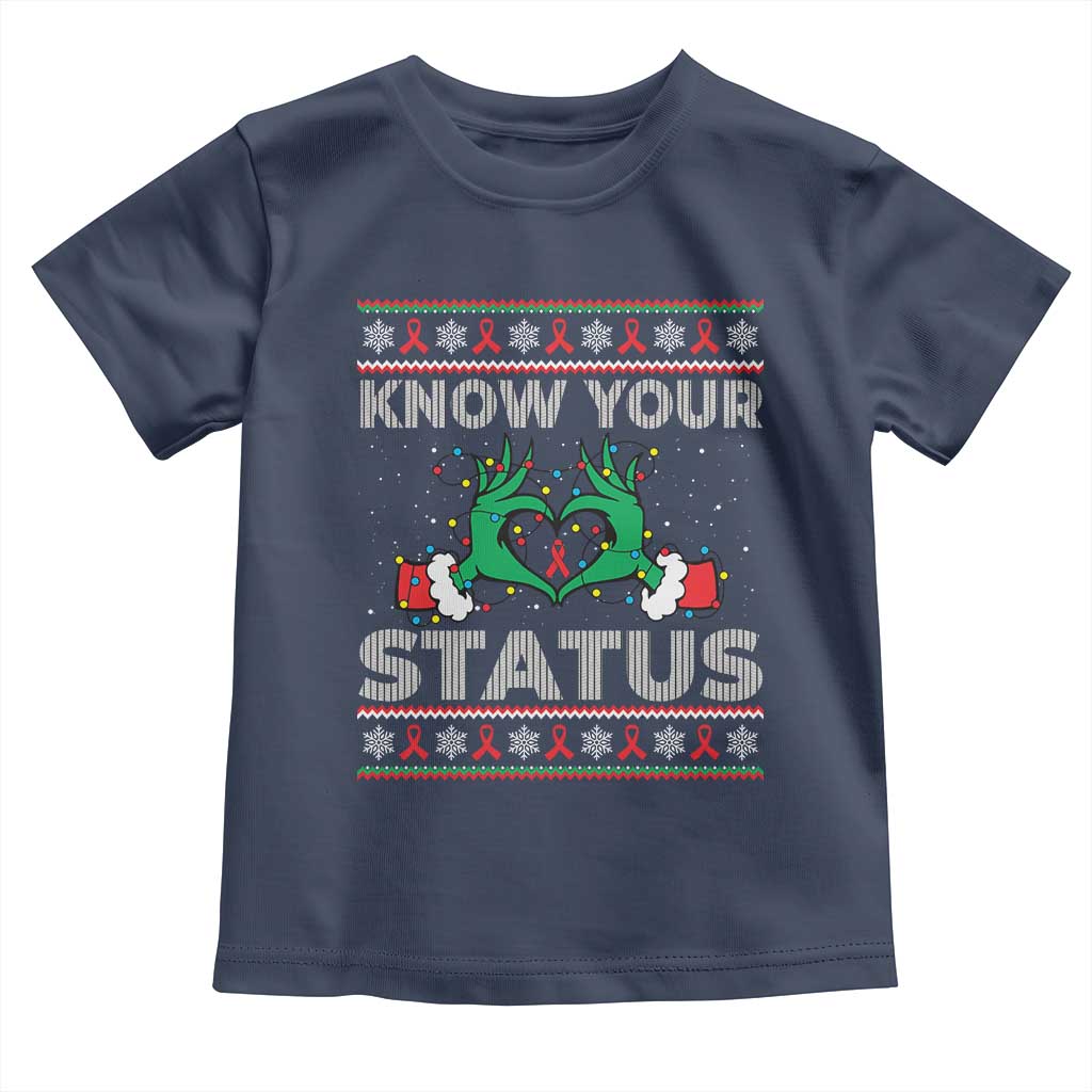 Know Your Status HIV Awareness Gift Toddler T Shirt Ugly Sweater Green Hand Red Ribbon TS12 Navy Print Your Wear