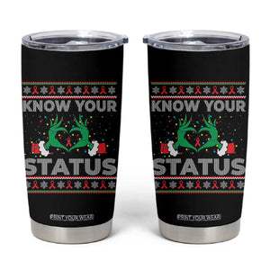 Know Your Status HIV Awareness Gift Tumbler Cup Ugly Sweater Green Hand Red Ribbon TS12 Black Print Your Wear