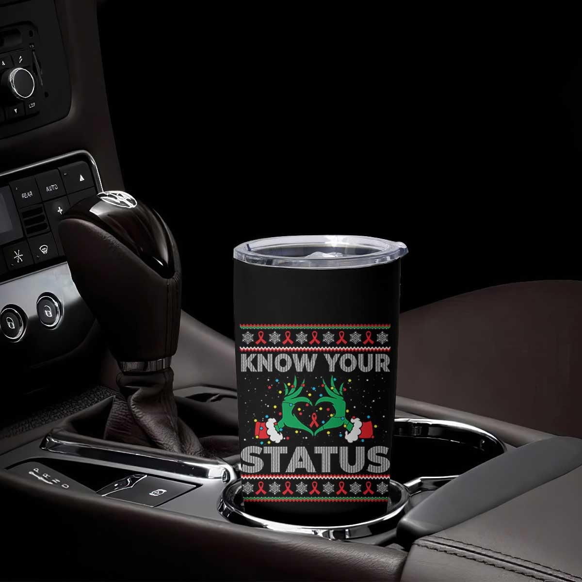 Know Your Status HIV Awareness Gift Tumbler Cup Ugly Sweater Green Hand Red Ribbon TS12 Print Your Wear