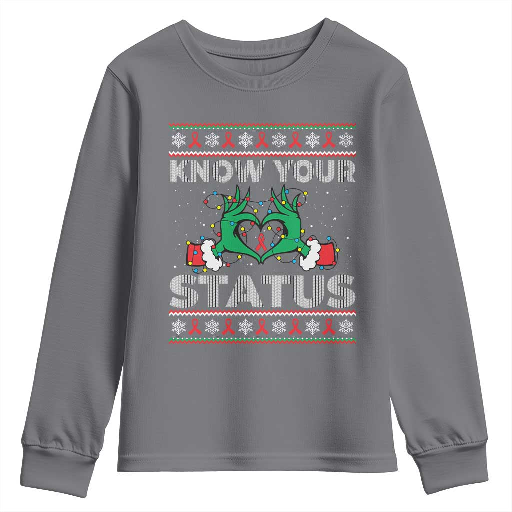 Know Your Status HIV Awareness Gift Youth Sweatshirt Ugly Sweater Green Hand Red Ribbon TS12 Charcoal Print Your Wear