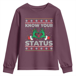 Know Your Status HIV Awareness Gift Youth Sweatshirt Ugly Sweater Green Hand Red Ribbon TS12 Maroon Print Your Wear