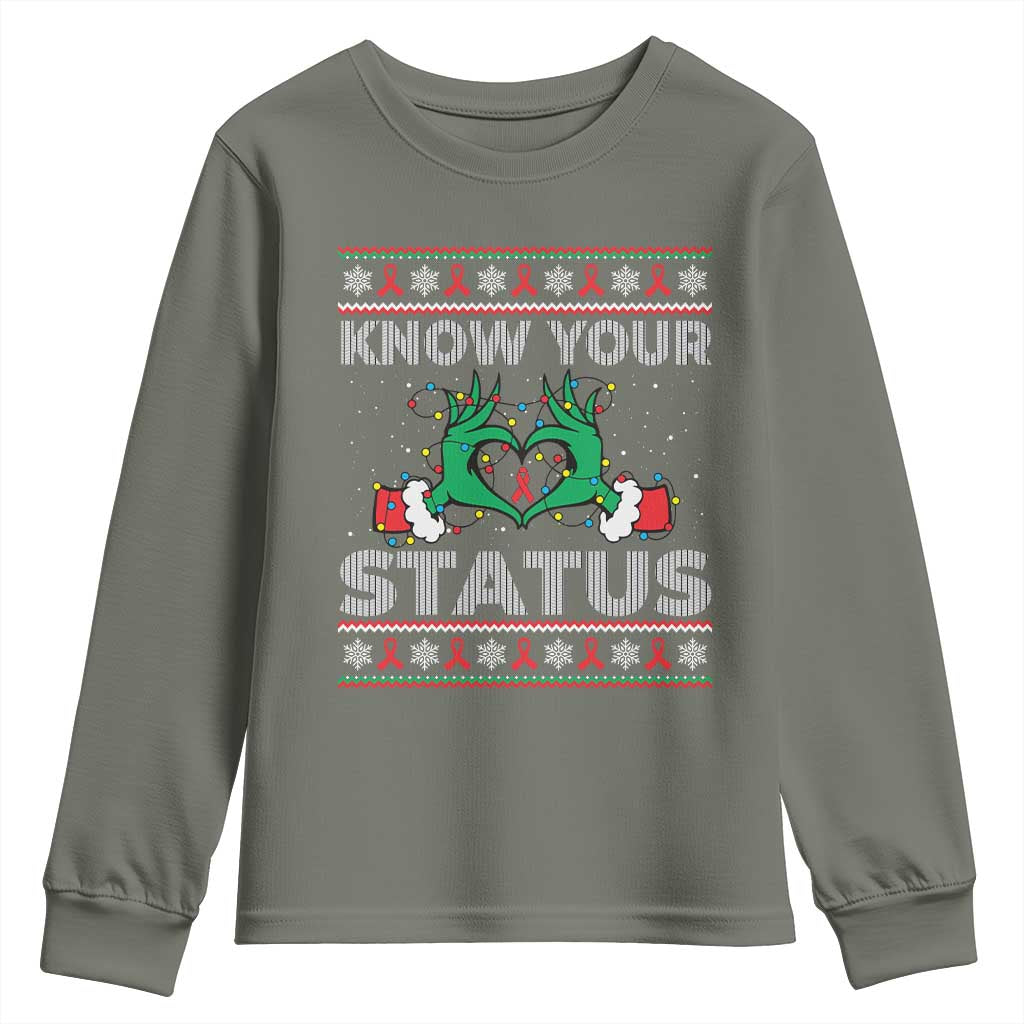 Know Your Status HIV Awareness Gift Youth Sweatshirt Ugly Sweater Green Hand Red Ribbon TS12 Military Green Print Your Wear