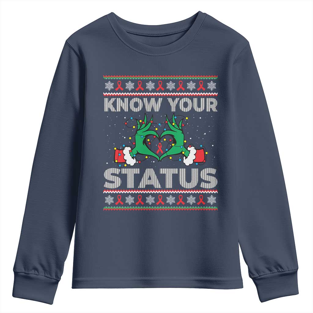 Know Your Status HIV Awareness Gift Youth Sweatshirt Ugly Sweater Green Hand Red Ribbon TS12 Navy Print Your Wear