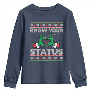 Know Your Status HIV Awareness Gift Youth Sweatshirt Ugly Sweater Green Hand Red Ribbon TS12 Navy Print Your Wear