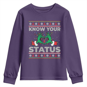 Know Your Status HIV Awareness Gift Youth Sweatshirt Ugly Sweater Green Hand Red Ribbon TS12 Purple Print Your Wear