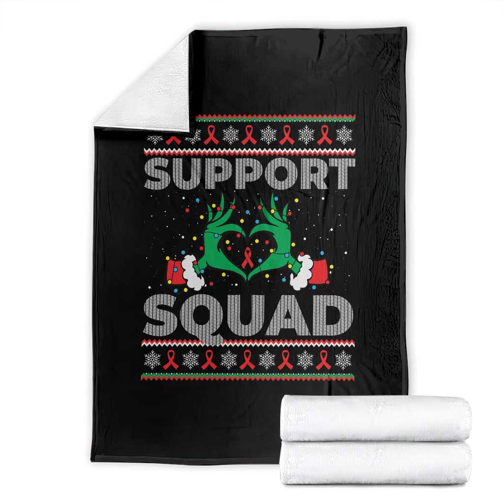 Support Squad HIV Awareness Gift Throw Blanket Green Hand Red Ribbon Ugly Sweater Christmas Gift TS12 Black Print Your Wear