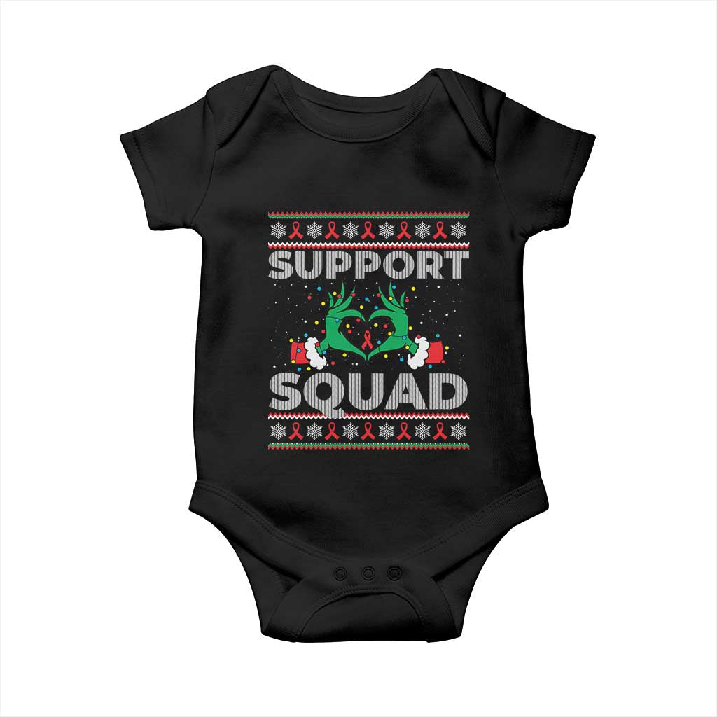 Support Squad HIV Awareness Gift Baby Onesie Green Hand Red Ribbon Ugly Sweater Christmas Gift TS12 Black Print Your Wear