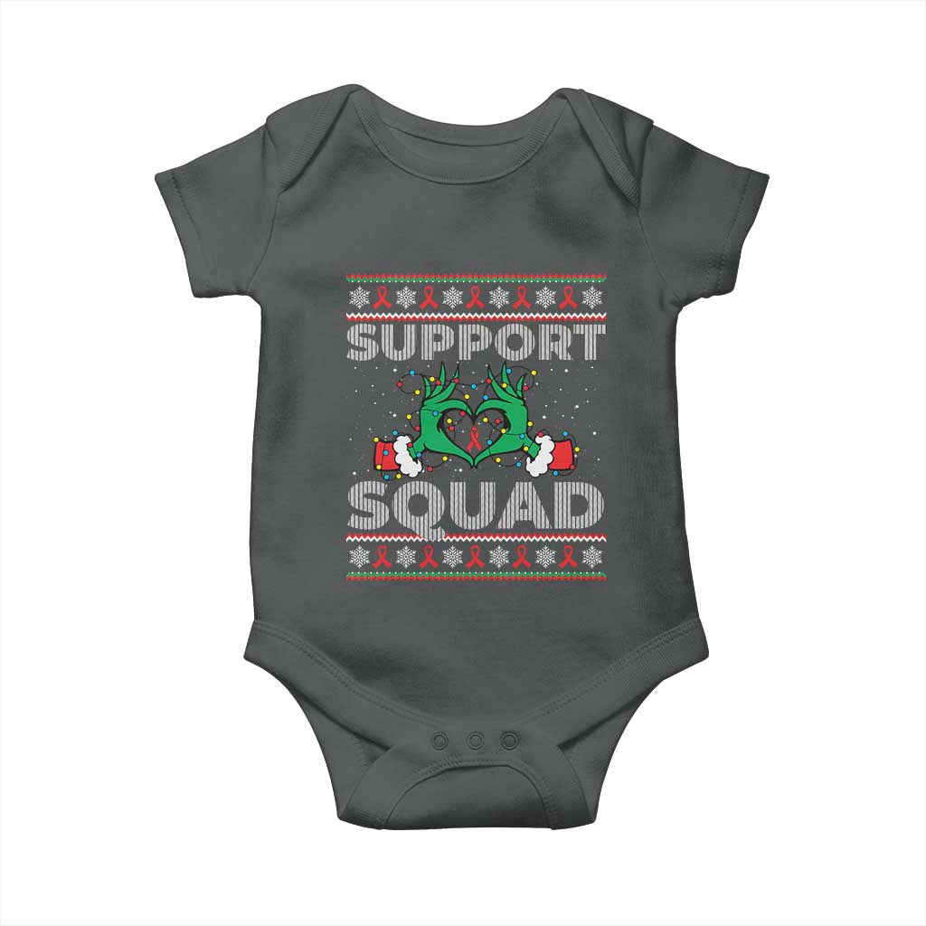 Support Squad HIV Awareness Gift Baby Onesie Green Hand Red Ribbon Ugly Sweater Christmas Gift TS12 Dark Heather Print Your Wear