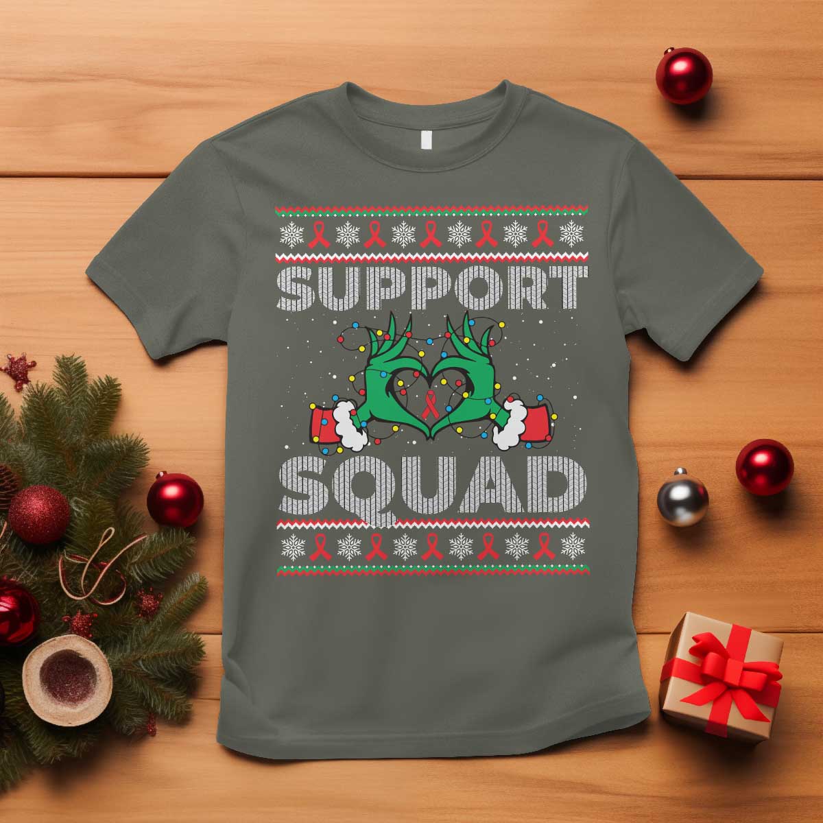 Support Squad HIV Awareness Gift T Shirt Green Hand Red Ribbon Ugly Sweater Christmas Gift TS12 Military Green Print Your Wear