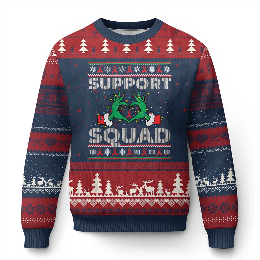 Support Squad HIV Awareness Gift Ugly Christmas Sweater Green Hand Red Ribbon Ugly Sweater Xmas Gift TS12 Navy Red Print Your Wear