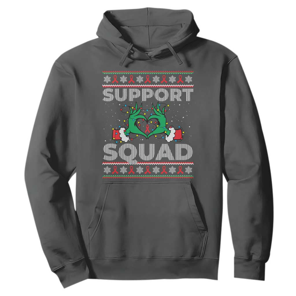 Support Squad HIV Awareness Gift Hoodie Green Hand Red Ribbon Ugly Sweater Christmas Gift TS12 Dark Heather Print Your Wear