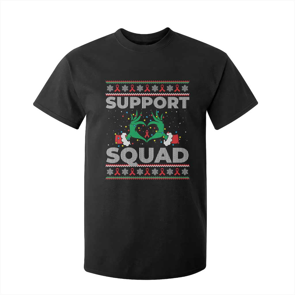 Support Squad HIV Awareness Gift T Shirt For Kid Green Hand Red Ribbon Ugly Sweater Christmas Gift TS12 Black Print Your Wear