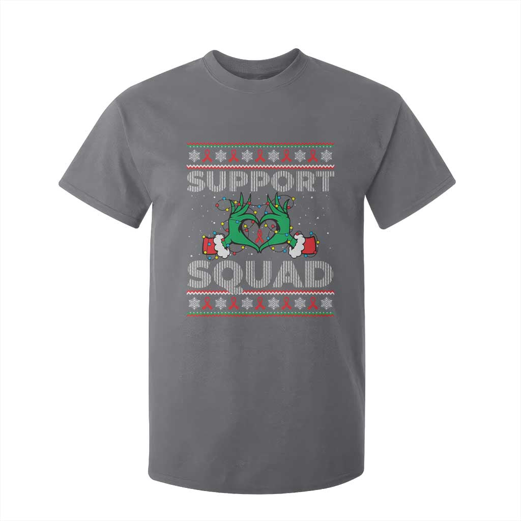 Support Squad HIV Awareness Gift T Shirt For Kid Green Hand Red Ribbon Ugly Sweater Christmas Gift TS12 Charcoal Print Your Wear
