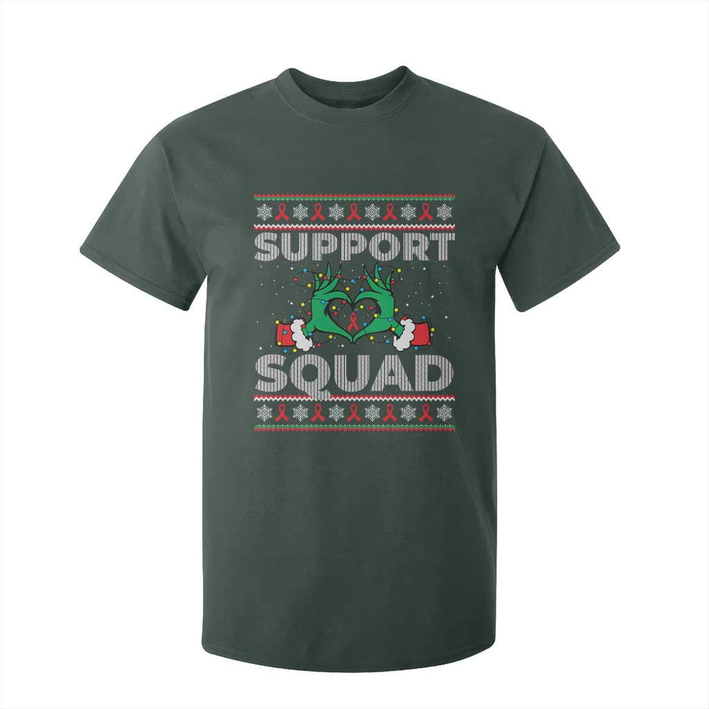 Support Squad HIV Awareness Gift T Shirt For Kid Green Hand Red Ribbon Ugly Sweater Christmas Gift TS12 Dark Forest Green Print Your Wear