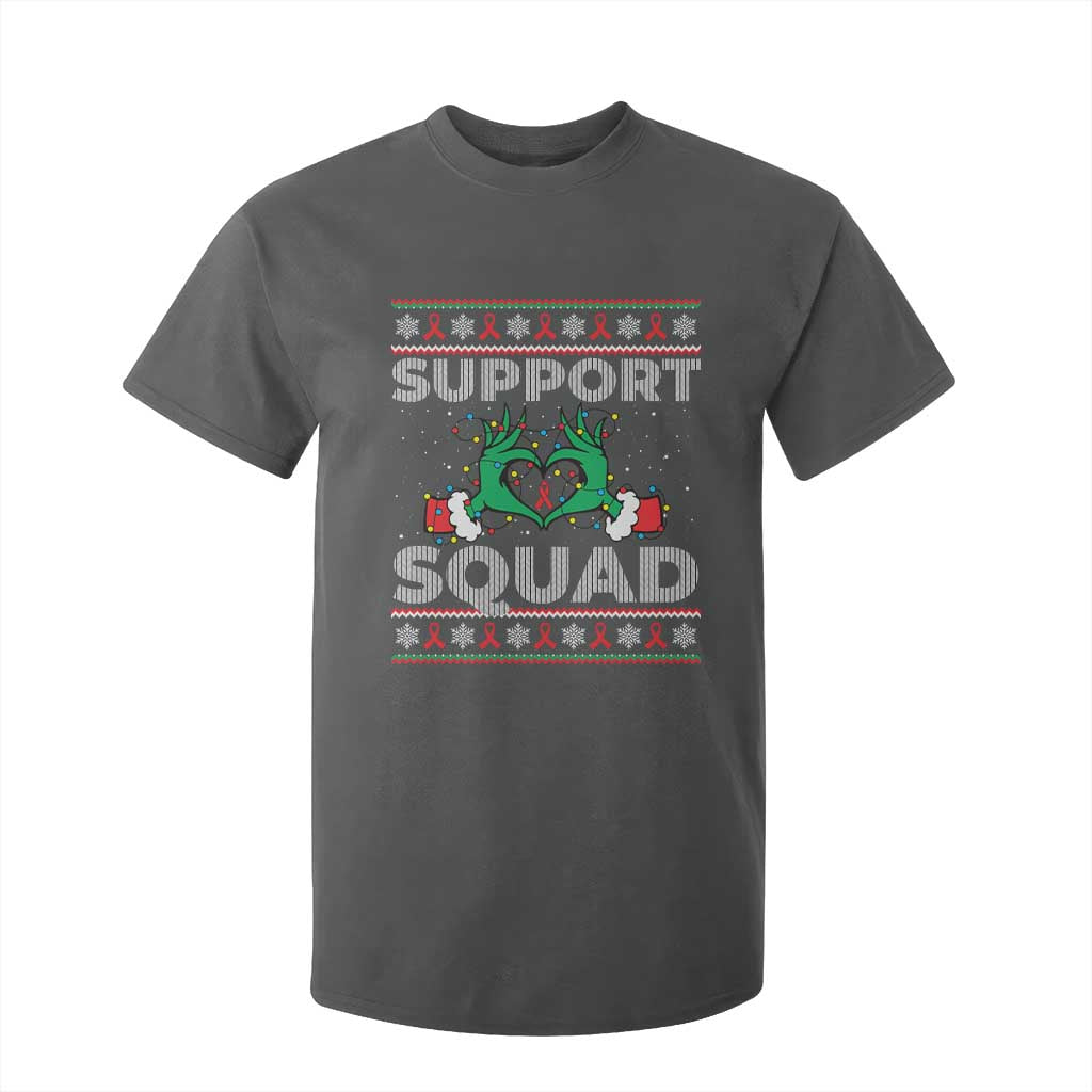 Support Squad HIV Awareness Gift T Shirt For Kid Green Hand Red Ribbon Ugly Sweater Christmas Gift TS12 Dark Heather Print Your Wear