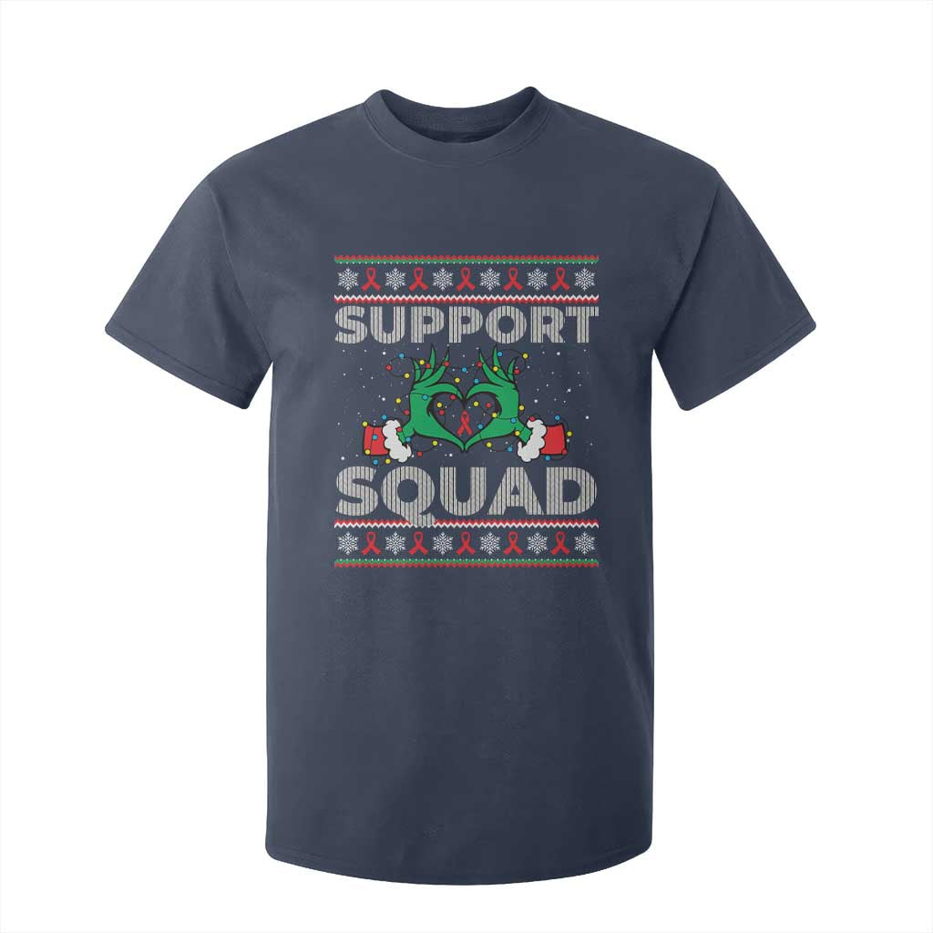 Support Squad HIV Awareness Gift T Shirt For Kid Green Hand Red Ribbon Ugly Sweater Christmas Gift TS12 Navy Print Your Wear