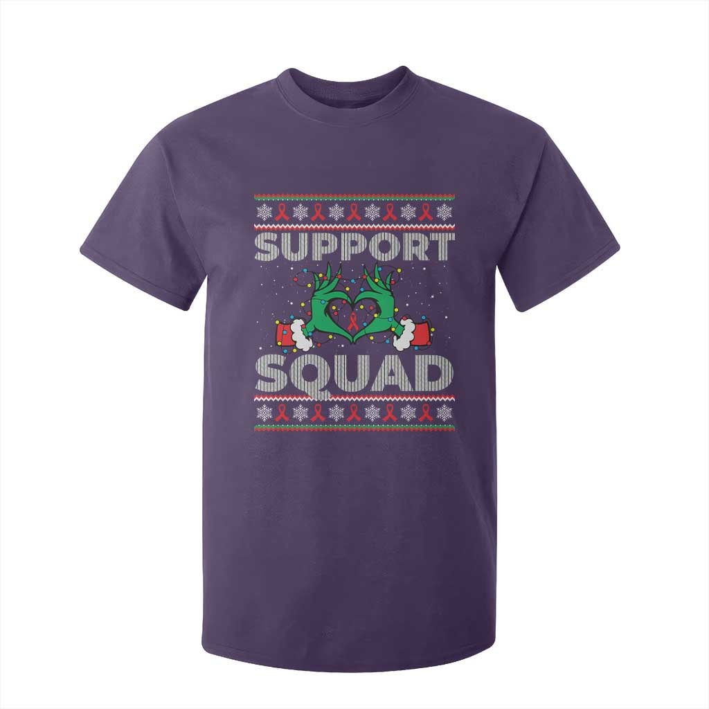 Support Squad HIV Awareness Gift T Shirt For Kid Green Hand Red Ribbon Ugly Sweater Christmas Gift TS12 Purple Print Your Wear