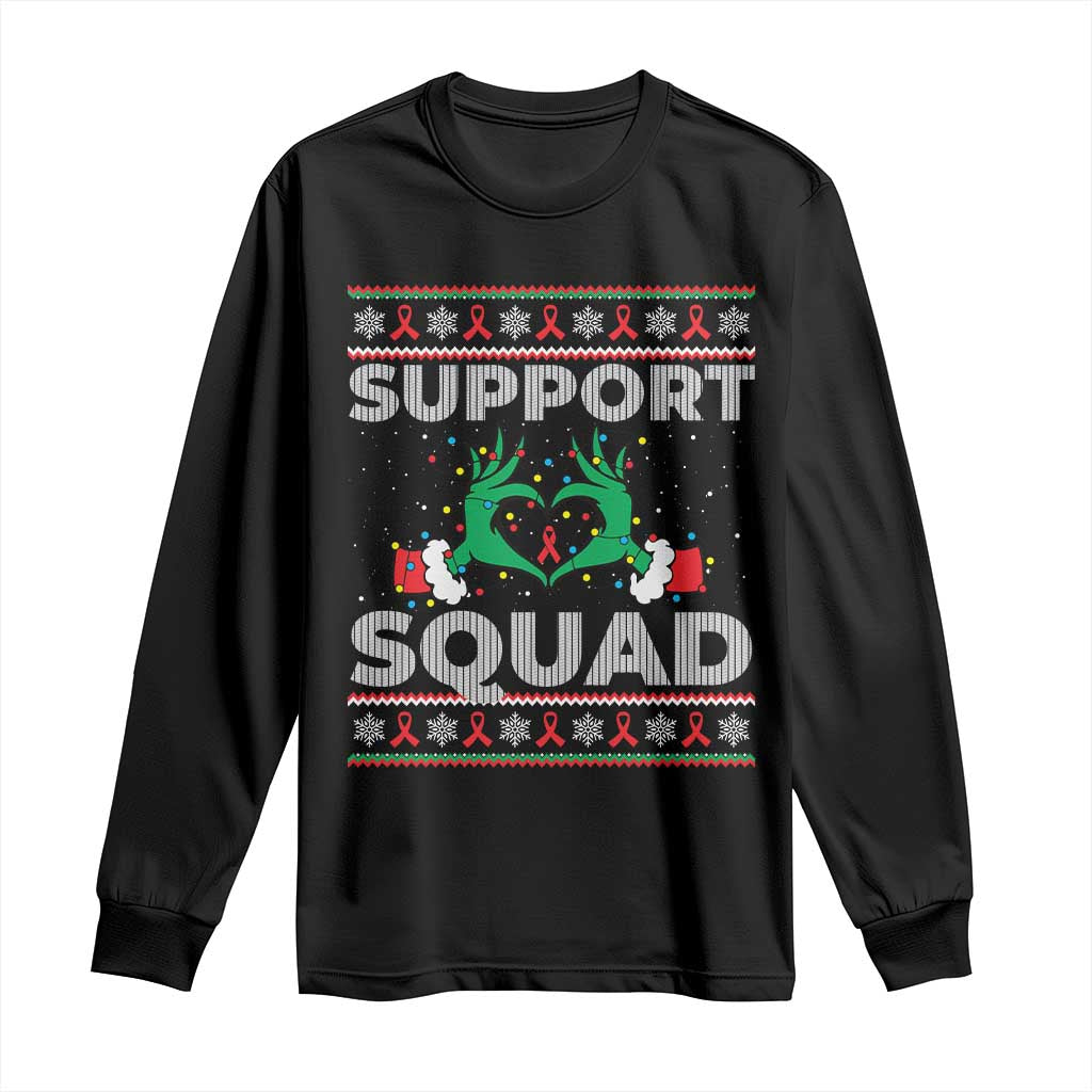 Support Squad HIV Awareness Gift Long Sleeve Shirt Green Hand Red Ribbon Ugly Sweater Christmas Gift TS12 Black Print Your Wear