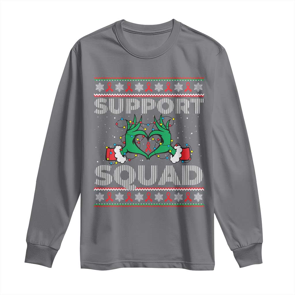 Support Squad HIV Awareness Gift Long Sleeve Shirt Green Hand Red Ribbon Ugly Sweater Christmas Gift TS12 Charcoal Print Your Wear