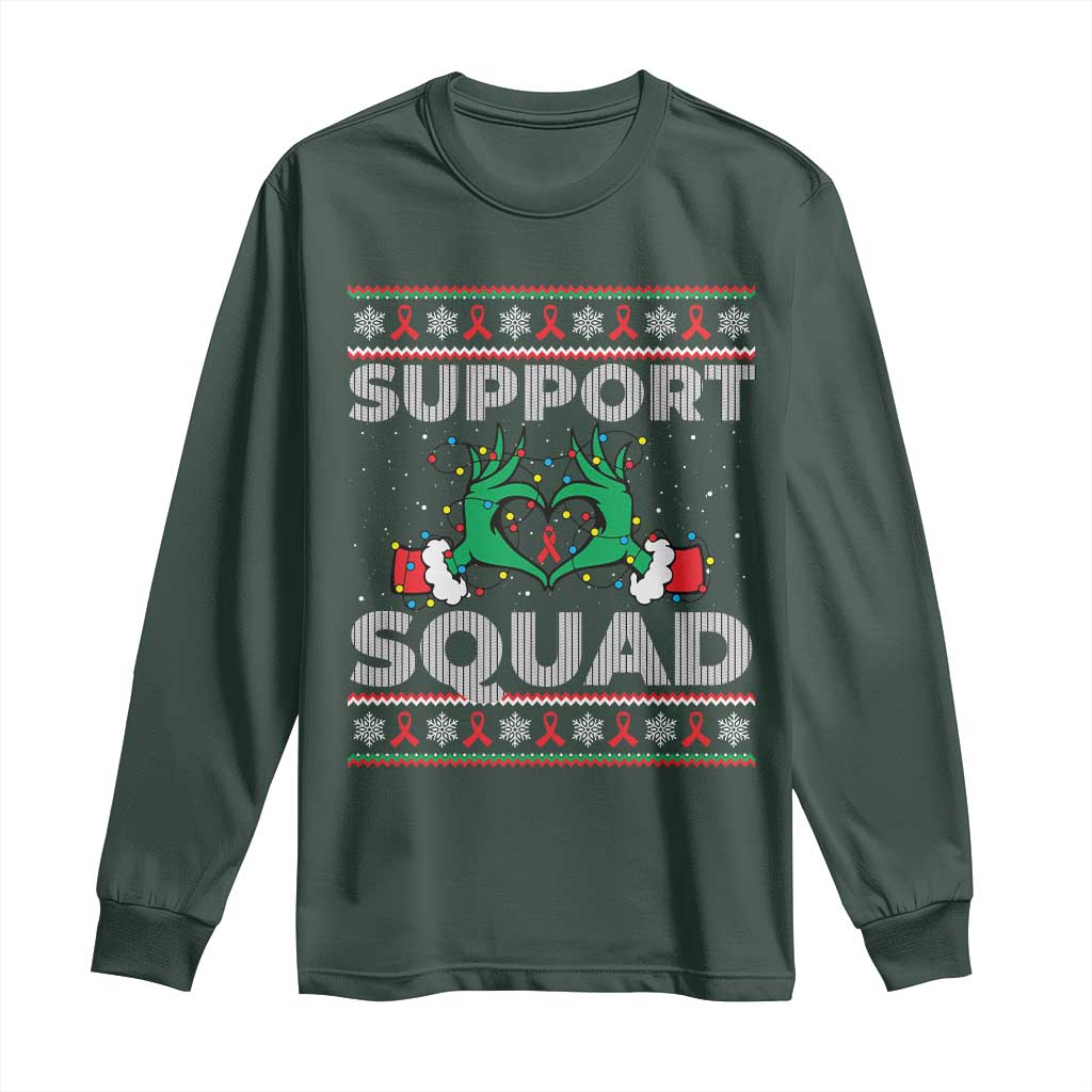 Support Squad HIV Awareness Gift Long Sleeve Shirt Green Hand Red Ribbon Ugly Sweater Christmas Gift TS12 Dark Forest Green Print Your Wear