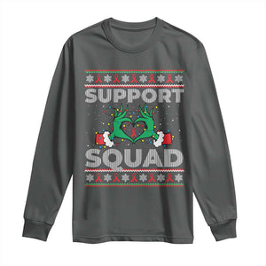 Support Squad HIV Awareness Gift Long Sleeve Shirt Green Hand Red Ribbon Ugly Sweater Christmas Gift TS12 Dark Heather Print Your Wear