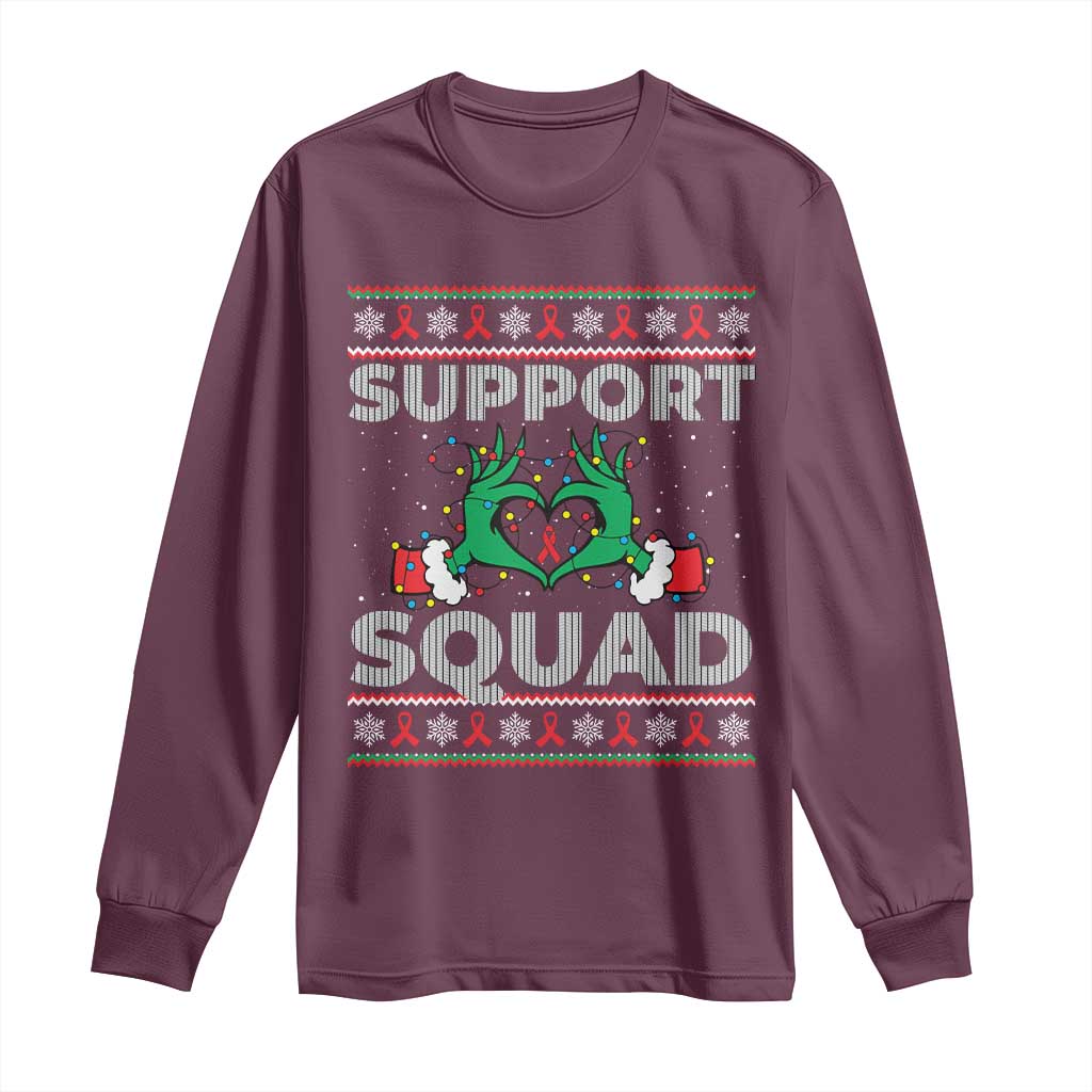 Support Squad HIV Awareness Gift Long Sleeve Shirt Green Hand Red Ribbon Ugly Sweater Christmas Gift TS12 Maroon Print Your Wear