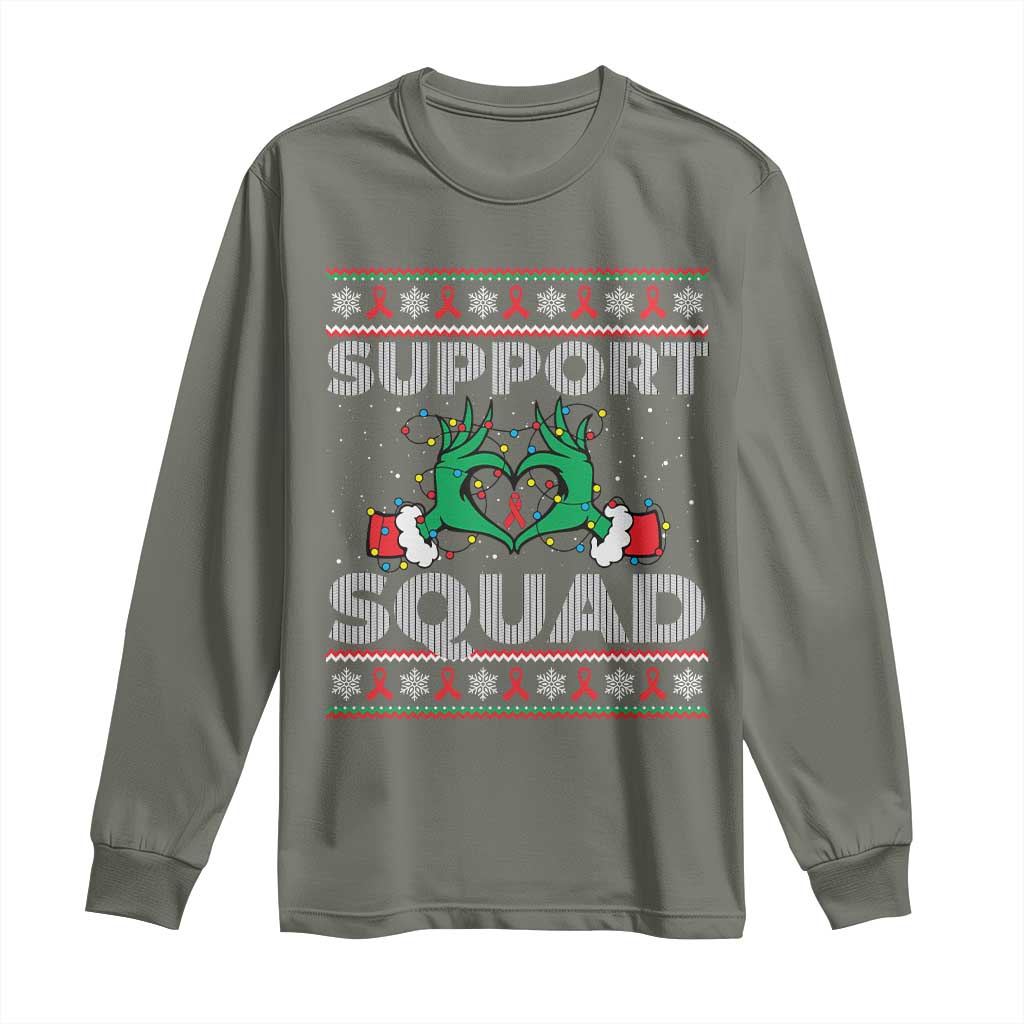 Support Squad HIV Awareness Gift Long Sleeve Shirt Green Hand Red Ribbon Ugly Sweater Christmas Gift TS12 Military Green Print Your Wear