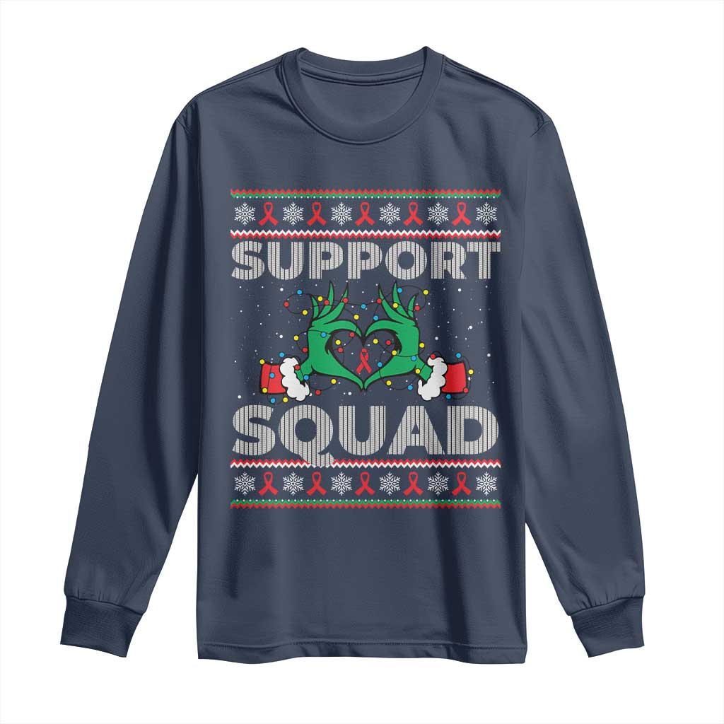 Support Squad HIV Awareness Gift Long Sleeve Shirt Green Hand Red Ribbon Ugly Sweater Christmas Gift TS12 Navy Print Your Wear