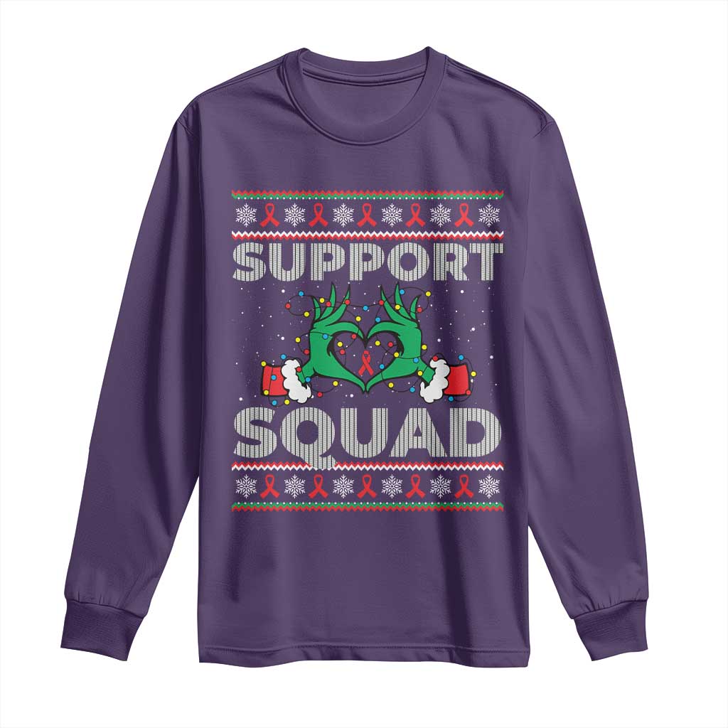 Support Squad HIV Awareness Gift Long Sleeve Shirt Green Hand Red Ribbon Ugly Sweater Christmas Gift TS12 Purple Print Your Wear