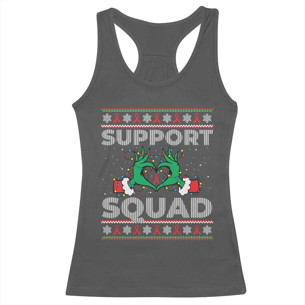 Support Squad HIV Awareness Gift Racerback Tank Top Green Hand Red Ribbon Ugly Sweater Christmas Gift TS12 Dark Heather Print Your Wear