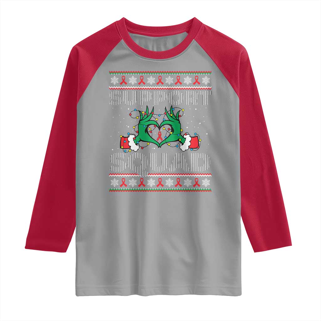 Support Squad HIV Awareness Gift Raglan Shirt Green Hand Red Ribbon Ugly Sweater Christmas Gift TS12 Sport Gray Red Print Your Wear