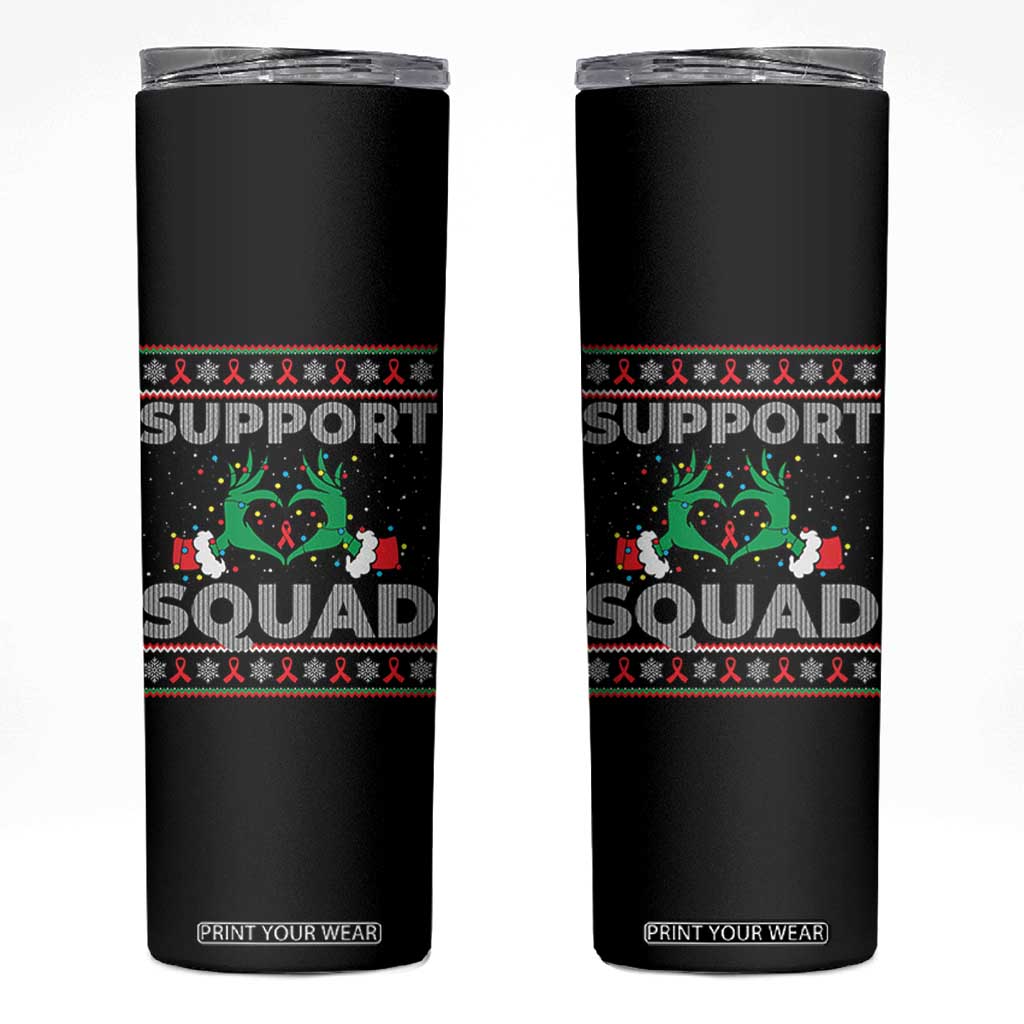 Support Squad HIV Awareness Gift Skinny Tumbler Green Hand Red Ribbon Ugly Sweater Christmas Gift TS12 Black Print Your Wear