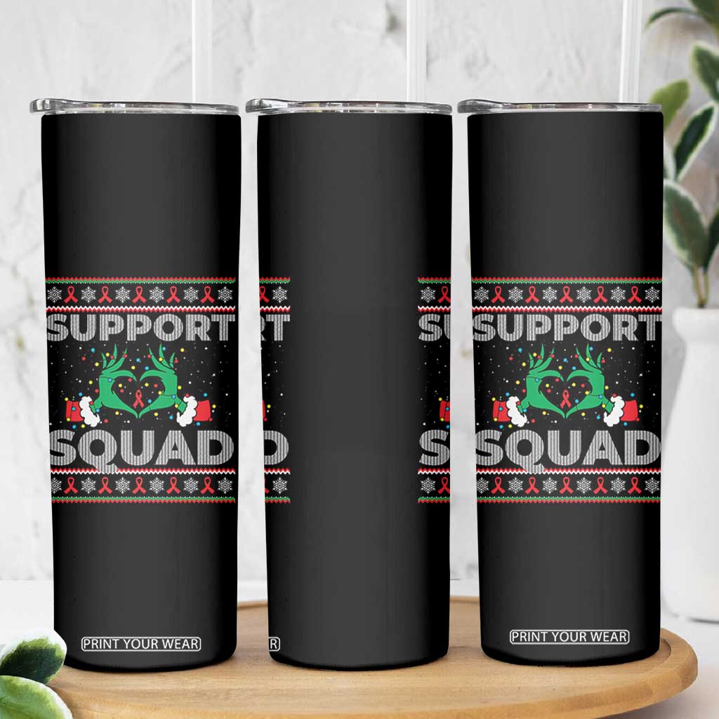 Support Squad HIV Awareness Gift Skinny Tumbler Green Hand Red Ribbon Ugly Sweater Christmas Gift TS12 Print Your Wear