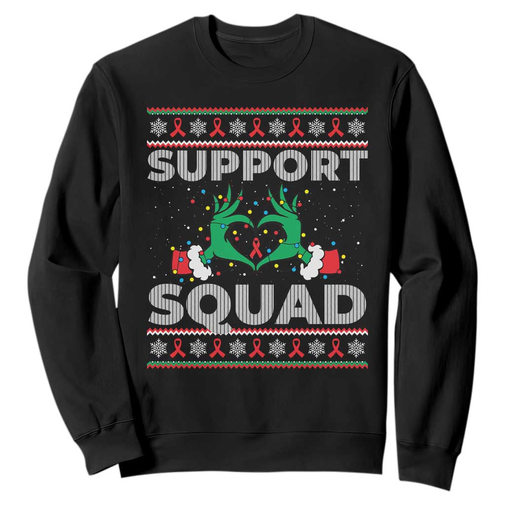 Support Squad HIV Awareness Gift Sweatshirt Green Hand Red Ribbon Ugly Sweater Christmas Gift TS12 Black Print Your Wear