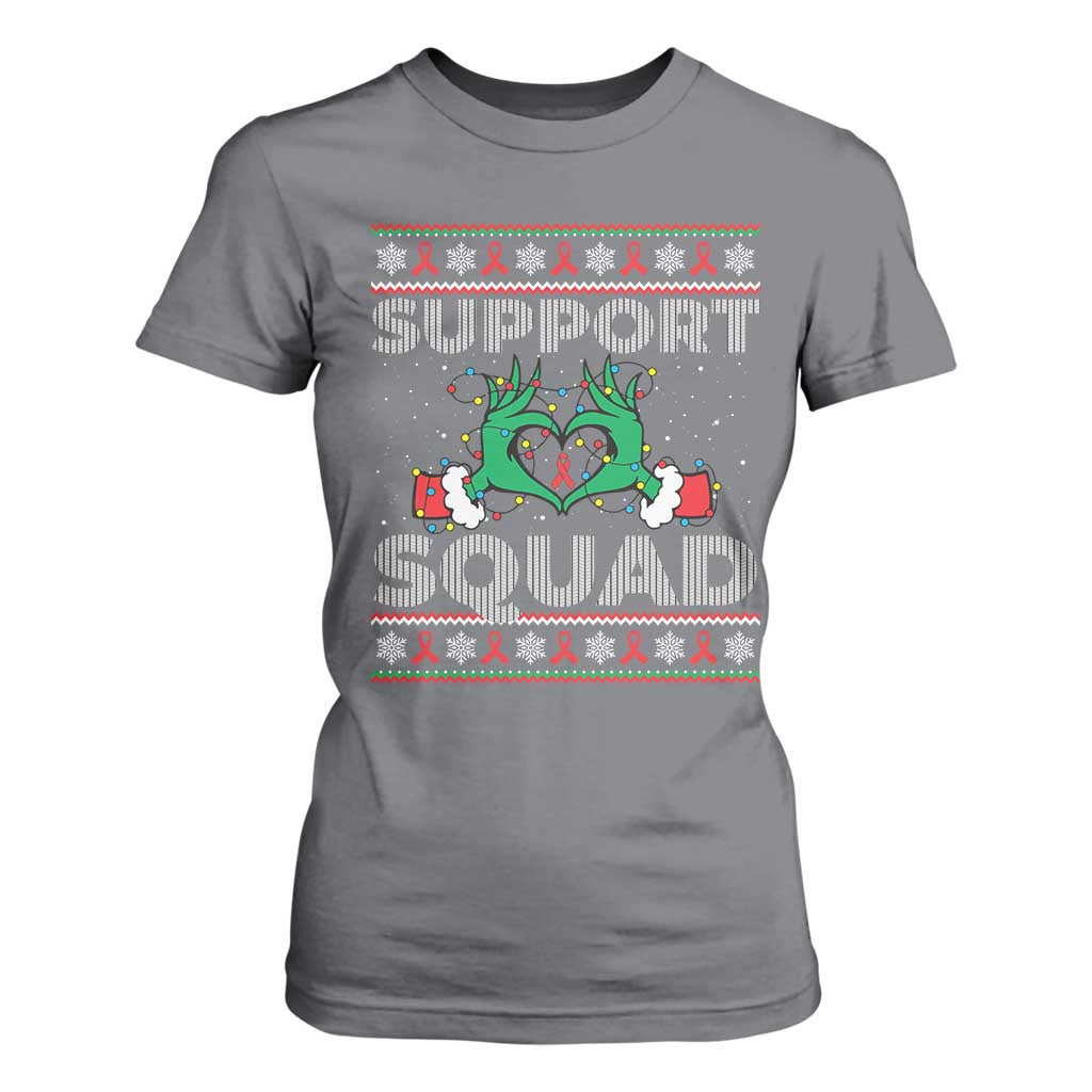 Support Squad HIV Awareness Gift T Shirt For Women Green Hand Red Ribbon Ugly Sweater Christmas Gift TS12 Charcoal Print Your Wear