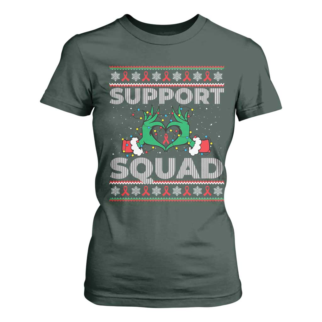 Support Squad HIV Awareness Gift T Shirt For Women Green Hand Red Ribbon Ugly Sweater Christmas Gift TS12 Dark Forest Green Print Your Wear