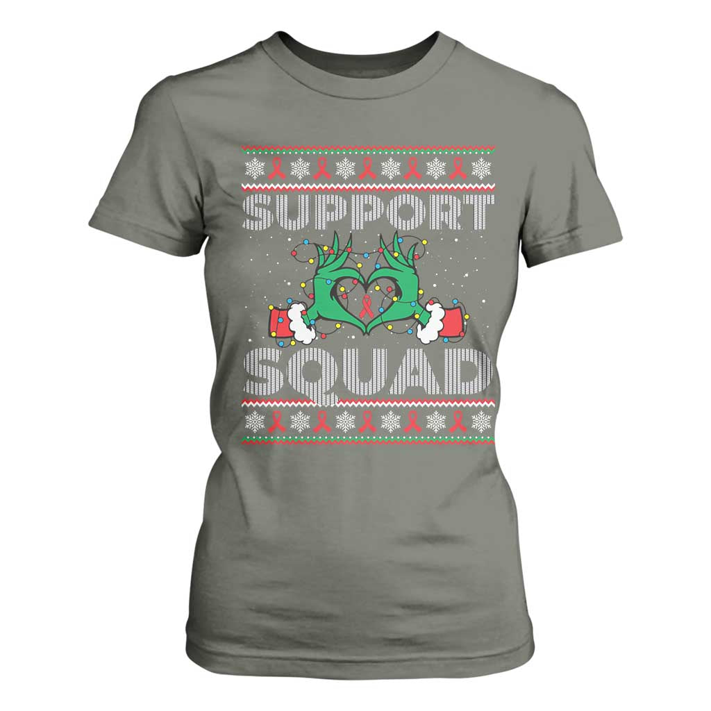 Support Squad HIV Awareness Gift T Shirt For Women Green Hand Red Ribbon Ugly Sweater Christmas Gift TS12 Military Green Print Your Wear