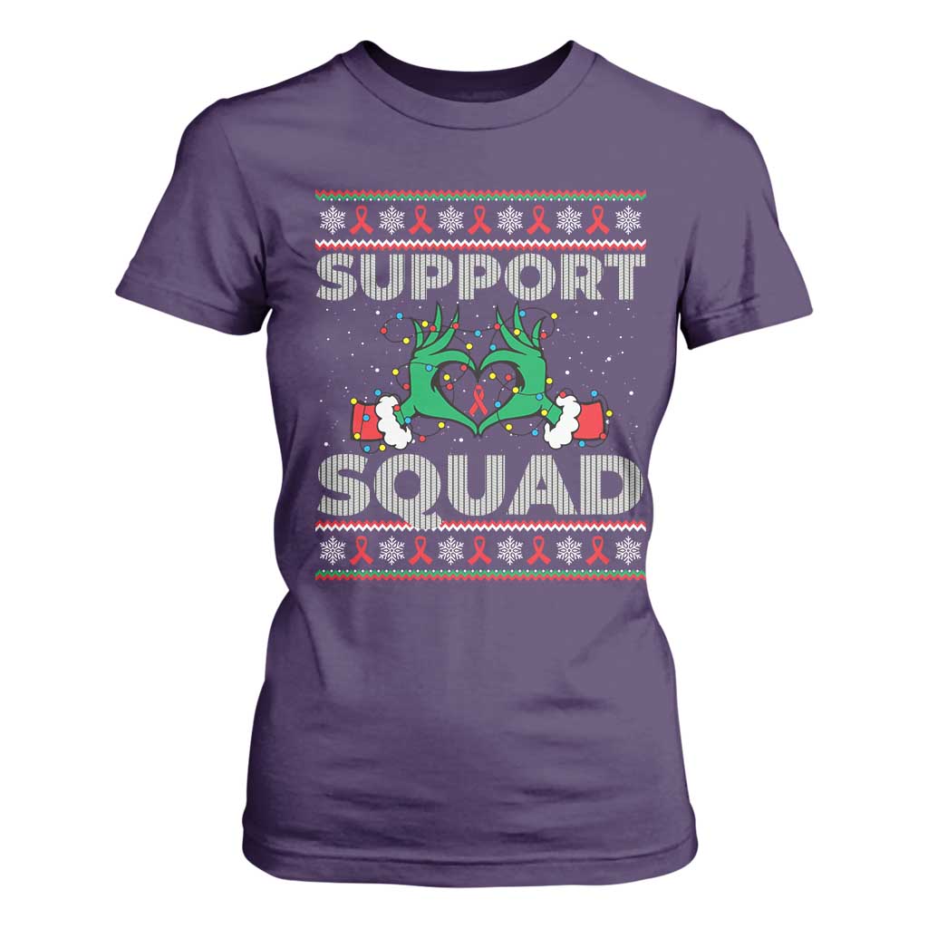 Support Squad HIV Awareness Gift T Shirt For Women Green Hand Red Ribbon Ugly Sweater Christmas Gift TS12 Purple Print Your Wear