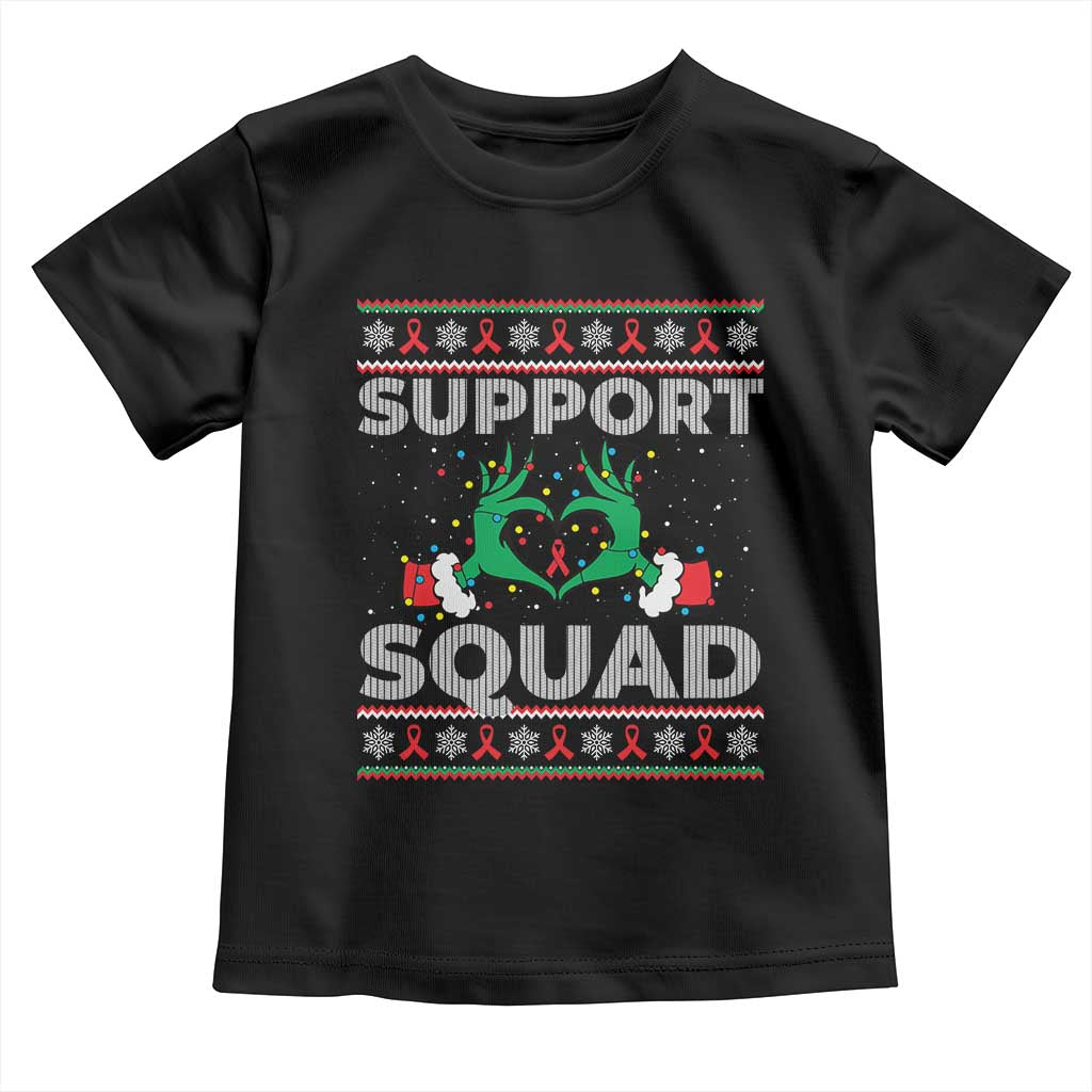 Support Squad HIV Awareness Gift Toddler T Shirt Green Hand Red Ribbon Ugly Sweater Christmas Gift TS12 Black Print Your Wear