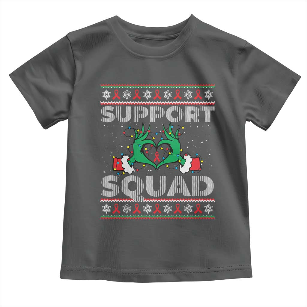 Support Squad HIV Awareness Gift Toddler T Shirt Green Hand Red Ribbon Ugly Sweater Christmas Gift TS12 Dark Heather Print Your Wear