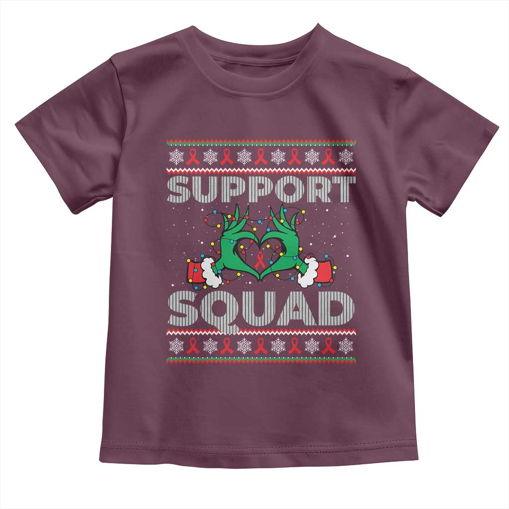Support Squad HIV Awareness Gift Toddler T Shirt Green Hand Red Ribbon Ugly Sweater Christmas Gift TS12 Maroon Print Your Wear