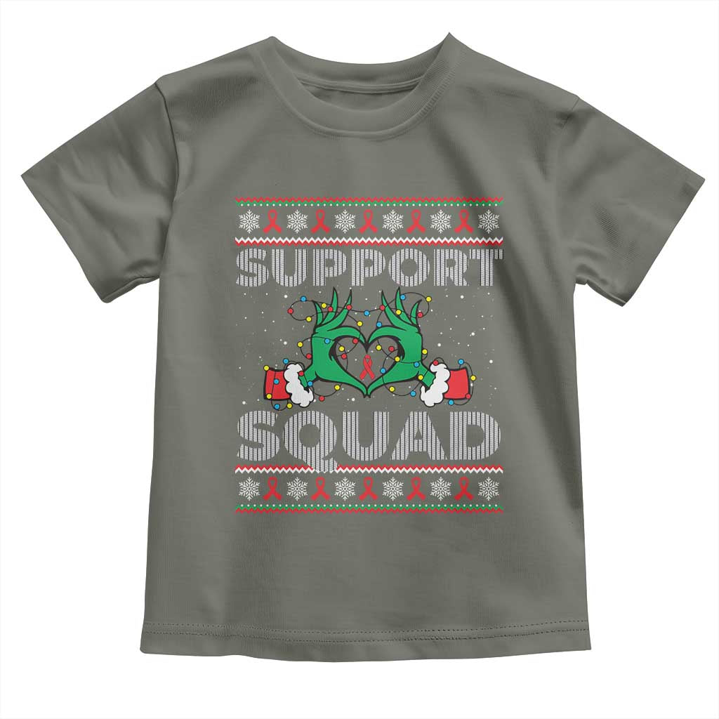 Support Squad HIV Awareness Gift Toddler T Shirt Green Hand Red Ribbon Ugly Sweater Christmas Gift TS12 Military Green Print Your Wear