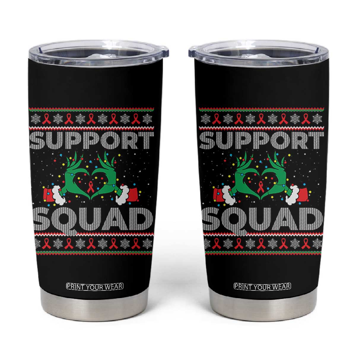 Support Squad HIV Awareness Gift Tumbler Cup Green Hand Red Ribbon Ugly Sweater Christmas Gift TS12 Black Print Your Wear