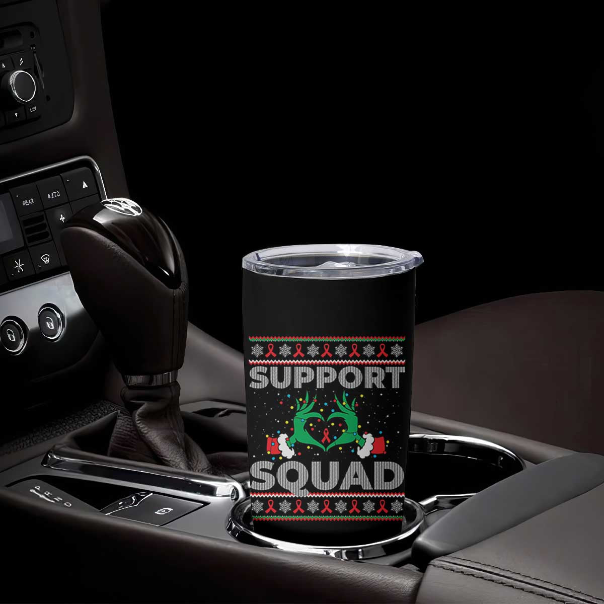 Support Squad HIV Awareness Gift Tumbler Cup Green Hand Red Ribbon Ugly Sweater Christmas Gift TS12 Print Your Wear