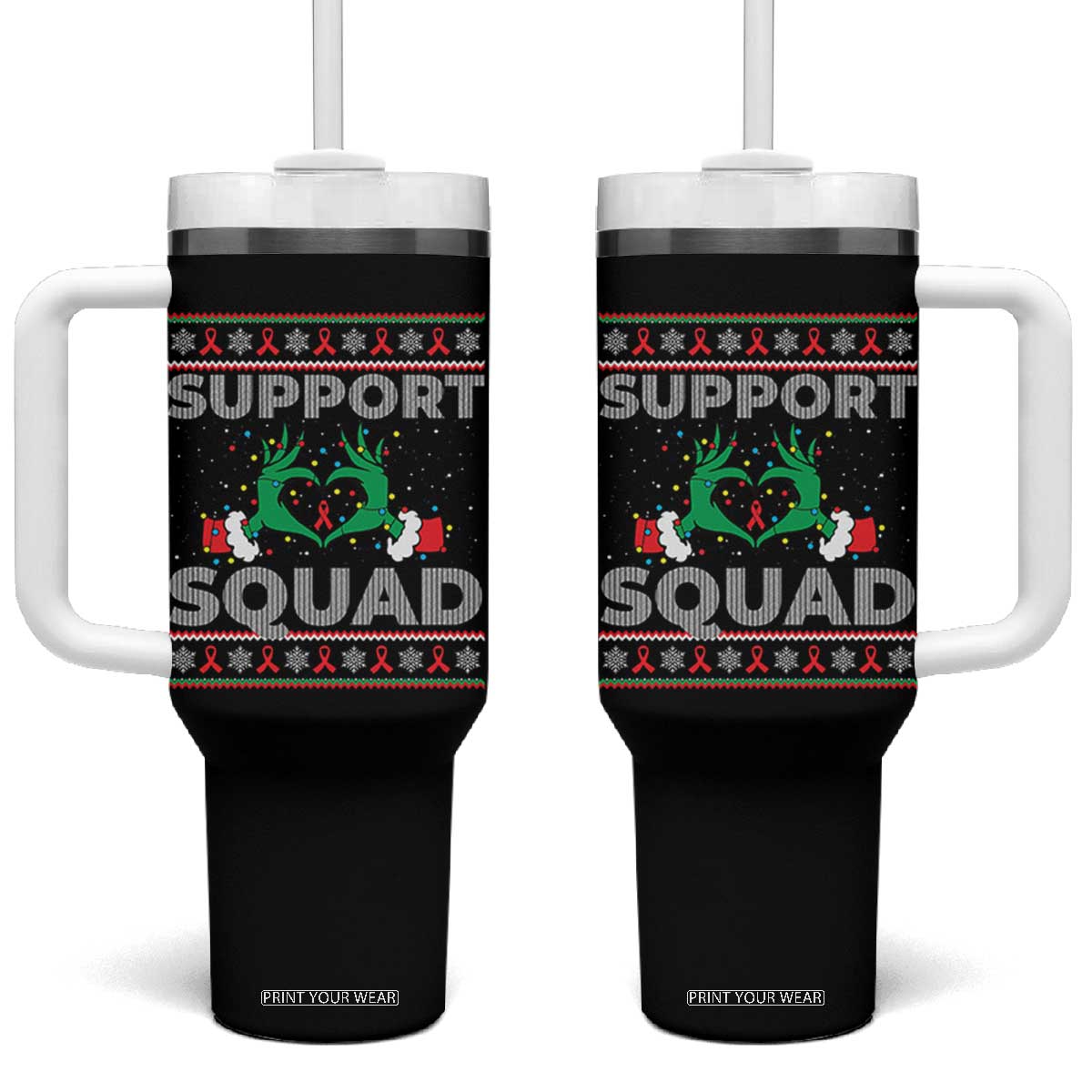 Support Squad HIV Awareness Gift Tumbler With Handle Green Hand Red Ribbon Ugly Sweater Christmas Gift TS12 One Size: 40 oz Black Print Your Wear