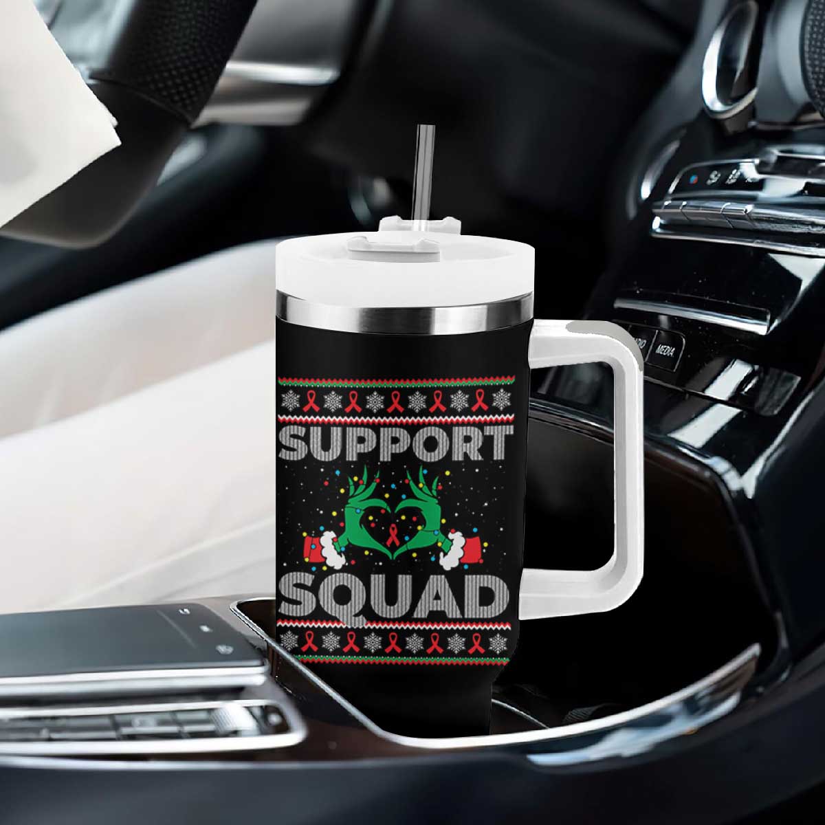Support Squad HIV Awareness Gift Tumbler With Handle Green Hand Red Ribbon Ugly Sweater Christmas Gift TS12 Print Your Wear